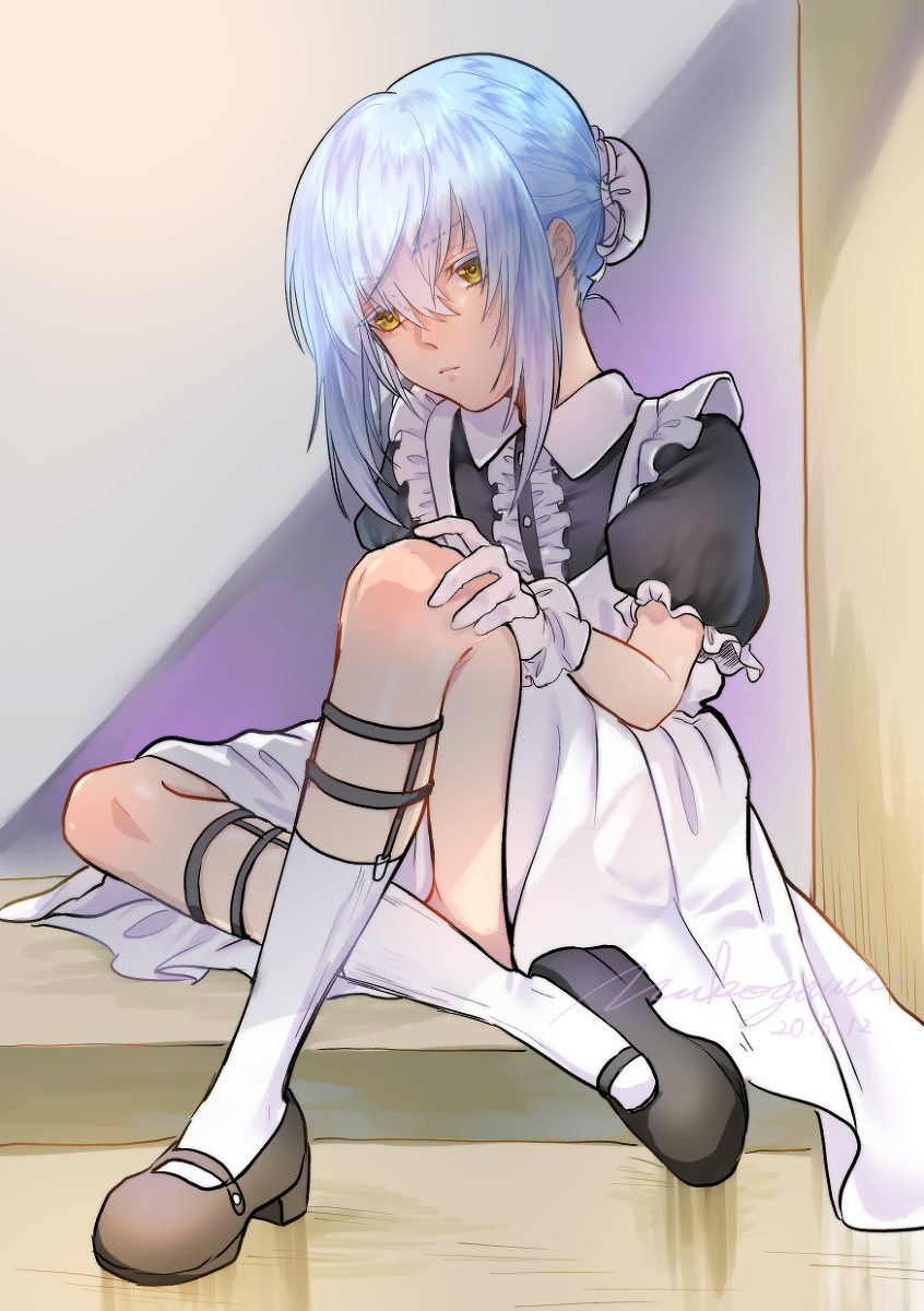1other, apron, black_footwear, blue_hair, gloves, hair_between_eyes, highres, humanization