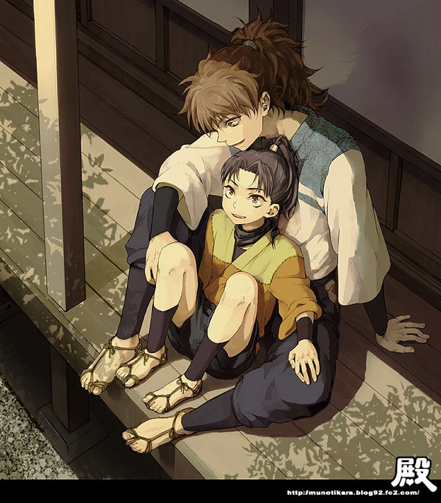2boys, black_hair, brown_hair, doi_hansuke, from_above, full_body, high_ponytail, japanese_clothes