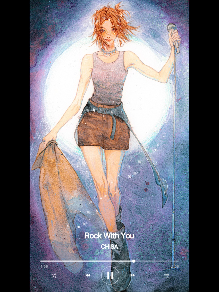 1girl, absurdres, blush, brown_eyes, brown_jacket, brown_skirt, chisa_(xg), collar, collarbone, floating_hair, full_body, grey_collar, grey_tank_top, highres, holding, holding_unworn_clothes, holding_jacket, holding_microphone, jacket, looking_at_viewer, microphone, orange_hair, painting_(medium), pillarboxed, real_life, short_hair, skirt, smile, solo, tank_top, traditional_media, unworn_jacket, walking, watercolor_(medium), xg_(group), yi_ke_sigh_ti