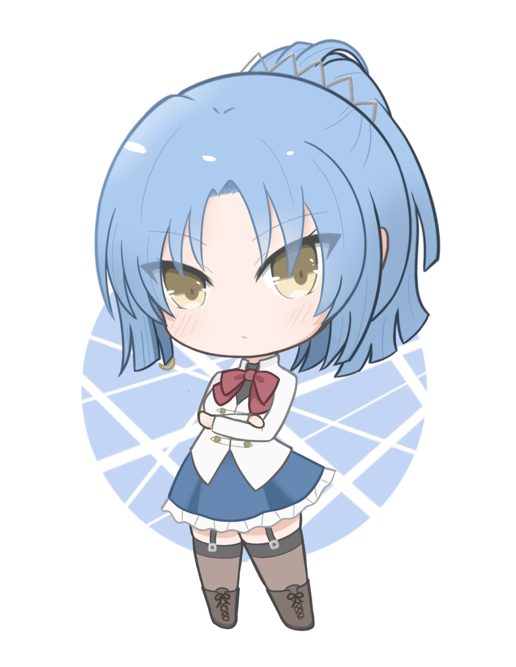 1girl, arms_under_breasts, assault_lily, blue_background, blue_hair, blue_skirt, blunt_ends, blush