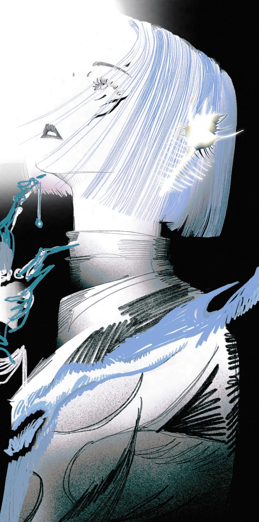 1girl, 352, absurdres, black_background, black_gloves, black_lips, blue_eyes, blue_hair