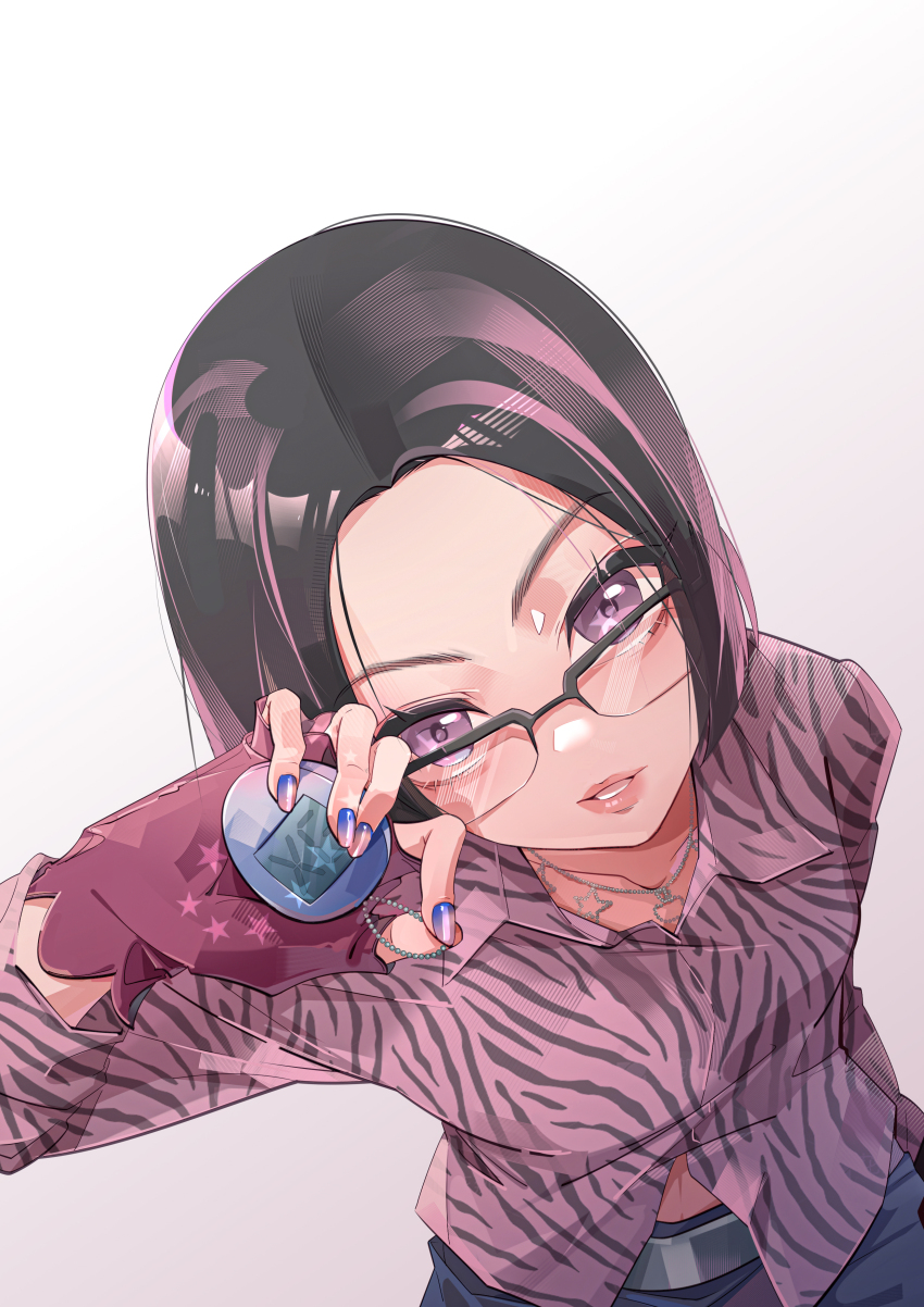 1girl, absurdres, animal_print, animification, belt, black_belt, black_hair, blue_pants, collarbone, collared_shirt, fingerless_gloves, glasses, gloves, gradient_background, highres, holding, jewelry, jurin_(xg), looking_at_viewer, momoju163, necklace, pants, parted_lips, purple_eyes, purple_nails, purple_shirt, real_life, red_gloves, shirt, short_hair, solo, tamagotchi, tamagotchi_(classic), tamagotchi_(virtual_pet), virtual_pet_(toy), xg_(group), y2k_fashion, zebra_print