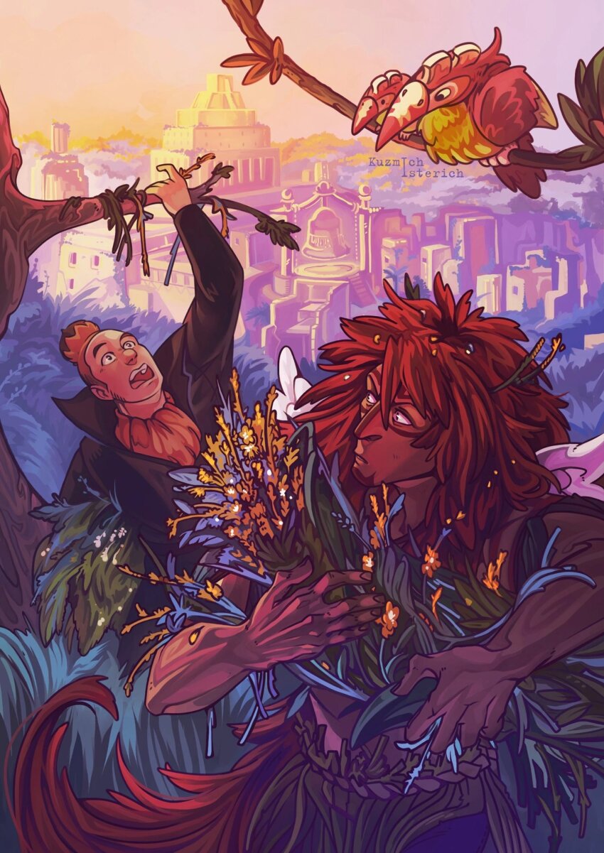 2boys, ascot, bell_tower, bird_request, branch, building, calgara, city, cityscape, cowboy_shot, dark-skinned_male, dark_skin, facial_hair, forest, goatee, grass, highres, in-universe_location, k_isterich, long_hair, looking_at_another, looking_back, looking_up, male_focus, montblanc_noland, multiple_boys, nature, one_piece, red_hair, short_hair, tattoo, toned, toned_male, topless_male, tribal, tribal_tattoo, very_long_hair