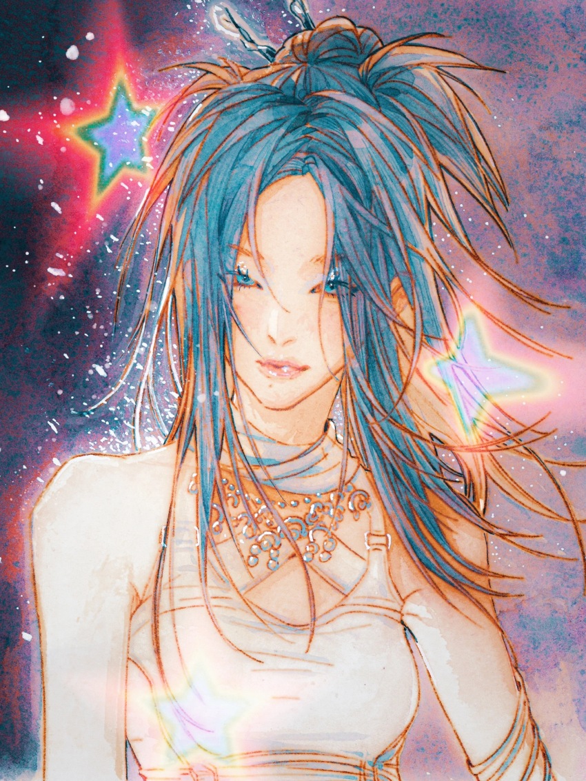 1girl, absurdres, armlet, blue_eyes, blue_eyeshadow, blue_hair, breasts, cocona_(xg), eyeshadow, floating_hair, hair_ornament, hair_stick, highres, jewelry, looking_at_viewer, makeup, medium_breasts, mole, mole_under_eye, mole_under_mouth, parted_bangs, pink_lips, portrait, real_life, smile, solo, space, star_(symbol), tank_top, traditional_media, white_tank_top, xg_(group), yi_ke_sigh_ti