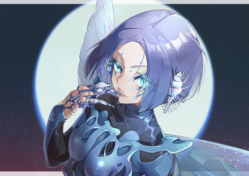 1girl, absurdres, animification, armor, black_shirt, blue_eyes, blue_eyeshadow, blue_hair