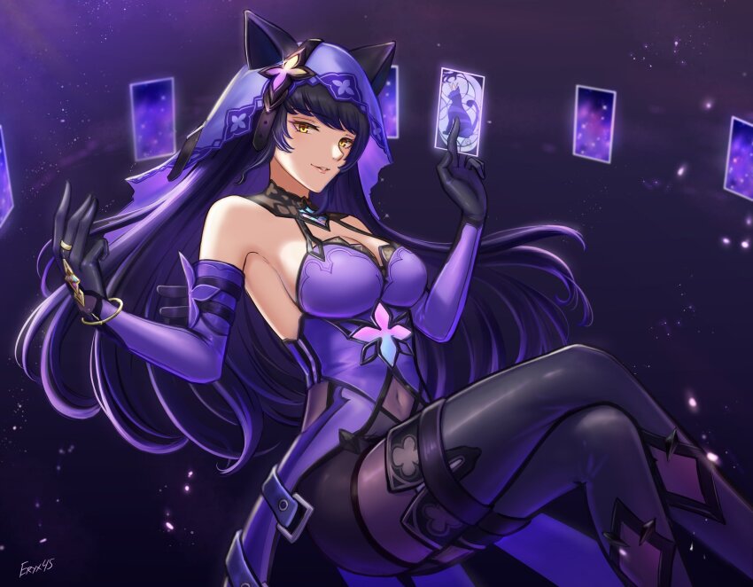 1girl, animal_ears, arryn_zech, bangle, bare_shoulders, black_boots, black_gloves, black_hair, black_swan_(honkai:_star_rail), black_swan_(honkai:_star_rail)_(cosplay), blake_belladonna, boots, bracelet, card, commentary, cosplay, covered_navel, crossed_legs, dress, elbow_gloves, eryx45, feet_out_of_frame, gloves, highres, honkai:_star_rail, honkai_(series), jewelry, long_hair, looking_at_viewer, pantyhose, parted_lips, purple_dress, rwby, sitting, sleeveless, sleeveless_dress, smile, solo, thigh_boots, veil, very_long_hair, voice_actor_connection, yellow_eyes
