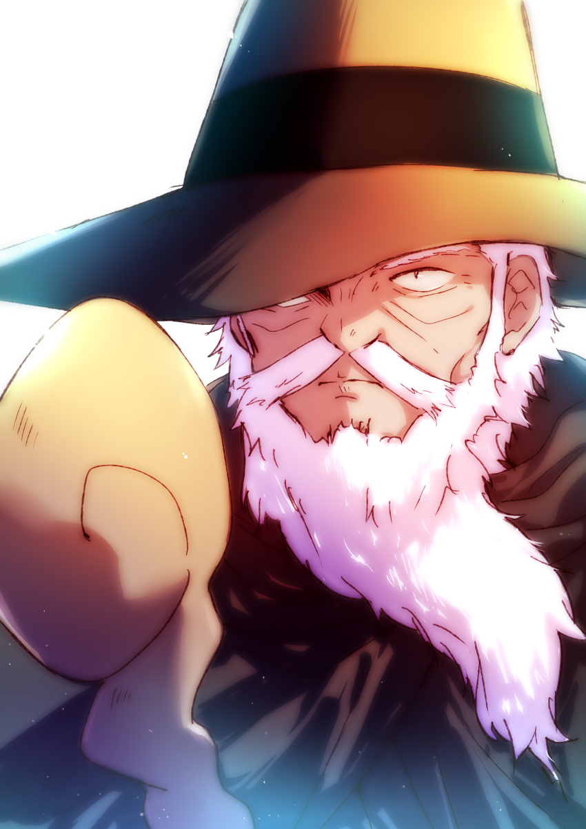 1boy, absurdres, beard, benriya_saitou-san_isekai_ni_iku, black_robe, facial_hair, hat, highres