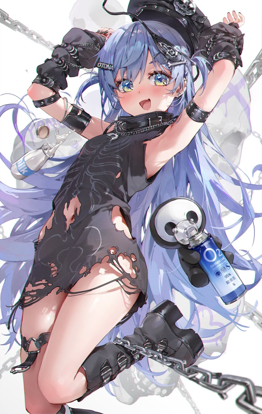 1girl, :d, absurdres, arm_strap, armpits, arms_up, belt, black_belt