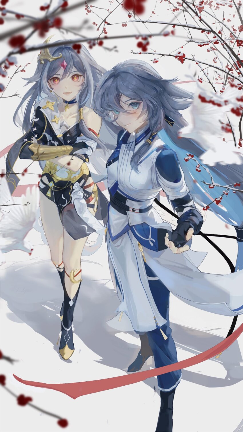 2girls, birthday, black_choker, black_footwear, black_gloves, black_nails, blue_eyes, blue_pants