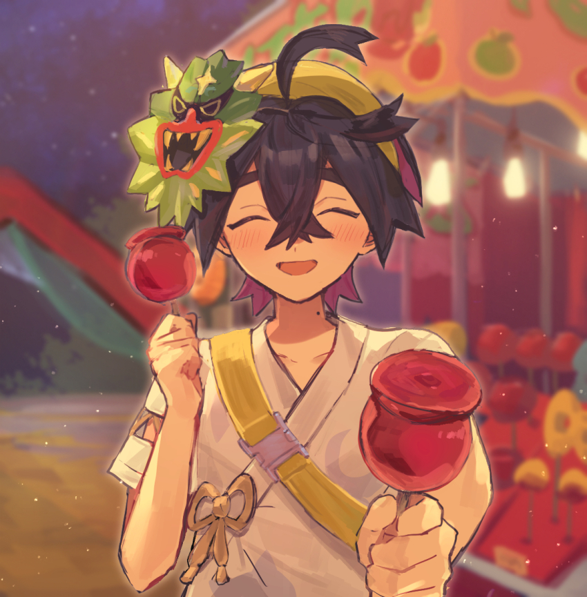 1boy, :d, black_hair, blurry, blurry_background, blush, candy_apple, closed_eyes