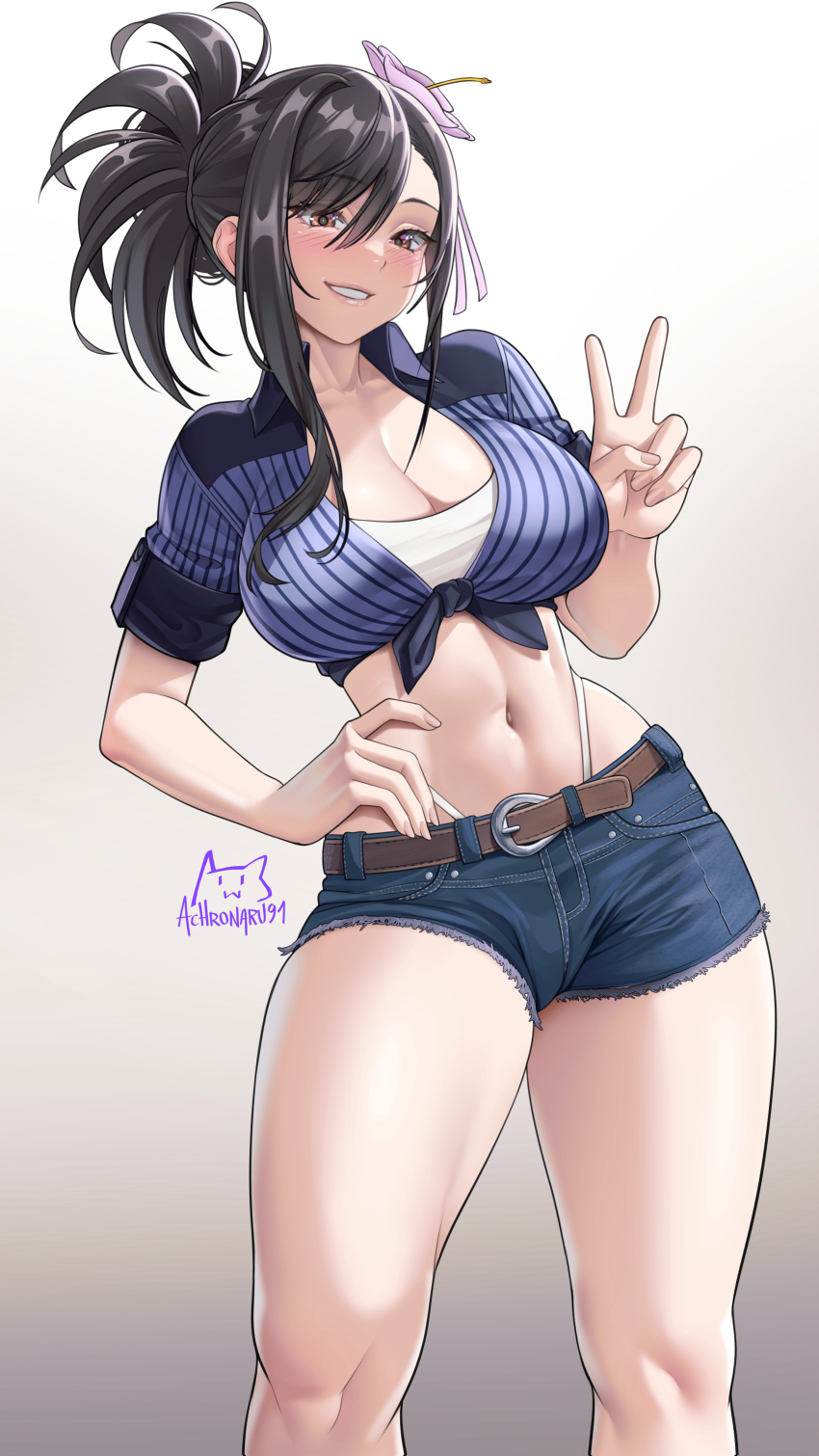 1girl, absurdres, achromaru, artist_logo, belt, bikini, bikini_under_clothes, black_hair
