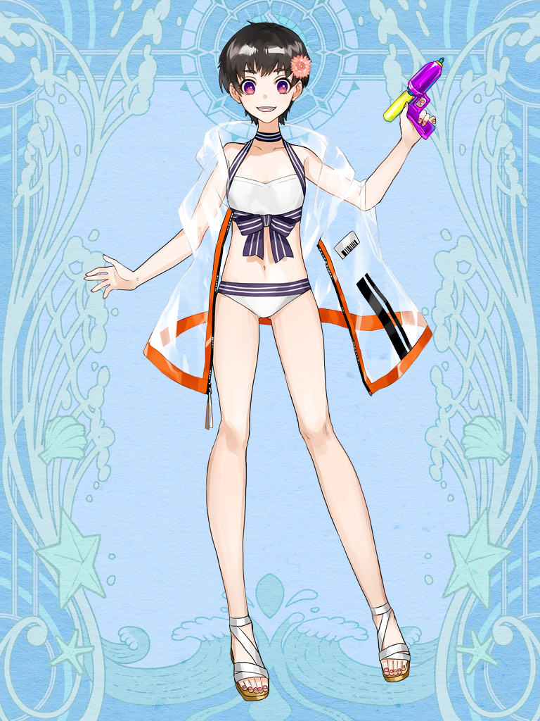 1girl, bikini, binzoko, black_hair, blue_background, dairoku_ryouhei, flat_chest, flower