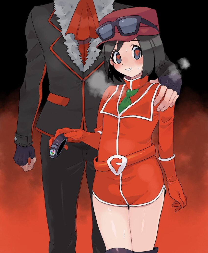 2boys, alternate_costume, belt, belt_buckle, black-framed_eyewear, blush, breath, bryony_(pokemon)