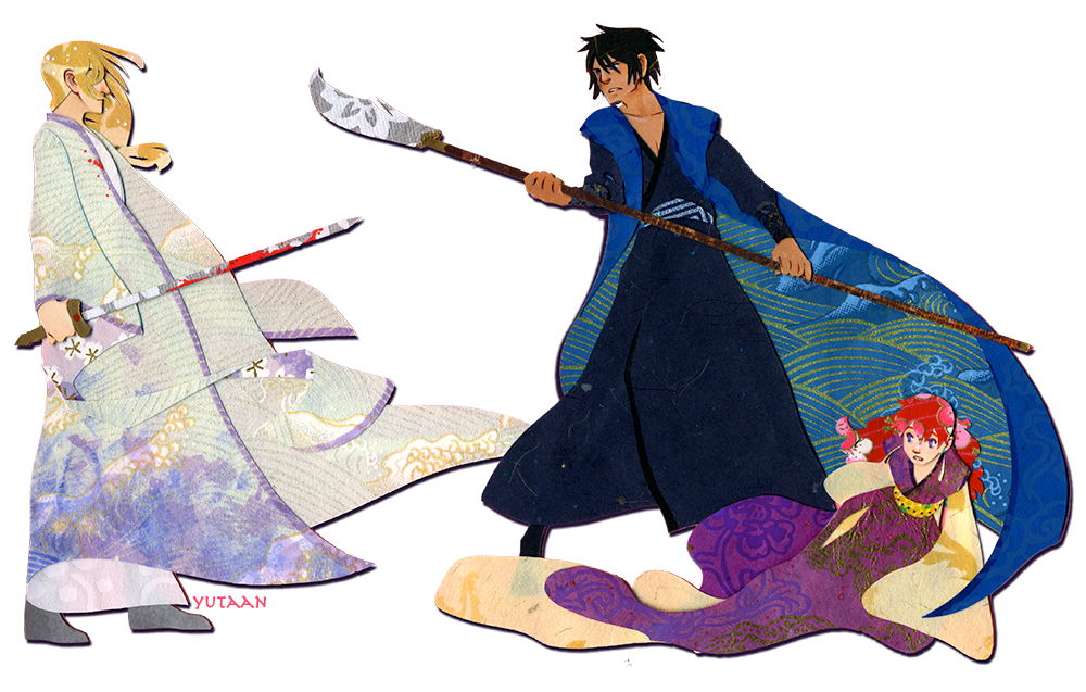 1girl, 2boys, akatsuki_no_yona, artist_name, black_footwear, black_hair, black_kimono, black_sleeves, blonde_hair, blood, bloody_weapon, blue_jacket, cherry_blossom_print, clenched_teeth, commentary, commission, dark-skinned_male, dark_skin, english_commentary, floral_print, frown, full_body, gradient_clothes, gradient_robe, grey_footwear, hak_(akatsuki_no_yona), happi, holding, holding_polearm, holding_sword, holding_weapon, jacket, japanese_clothes, katana, kimono, long_hair, long_sleeves, looking_at_another, low-tied_long_hair, multiple_boys, naginata, open_clothes, open_robe, polearm, purple_eyes, purple_kimono, red_hair, robe, shirt, shoes, short_hair, sitting, sleeveless, sleeveless_jacket, sleeveless_kimono, sleeves_past_fingers, sleeves_past_wrists, soo-won_(akatsuki_no_yona), sword, teeth, transparent_background, weapon, white_robe, white_shirt, white_sleeves, yona_(akatsuki_no_yona), yutaan