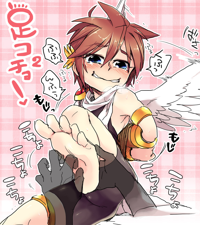 1boy, age_difference, angel, angel_wings, armpits, ass, barefoot, black_shorts, blue_eyes, blush, bound, bound_arms, bulge, feet, foot_focus, grin, happy_tears, holding_another's_foot, kid_icarus, kid_icarus_uprising, knees, laughing, legs, male_focus, nintendo, pit_(kid_icarus), pov, shorts, shota, smile, soles, sunoko24, super_smash_bros., tears, teeth, thighs, tickling, tickling_feet, toes, toga, wings