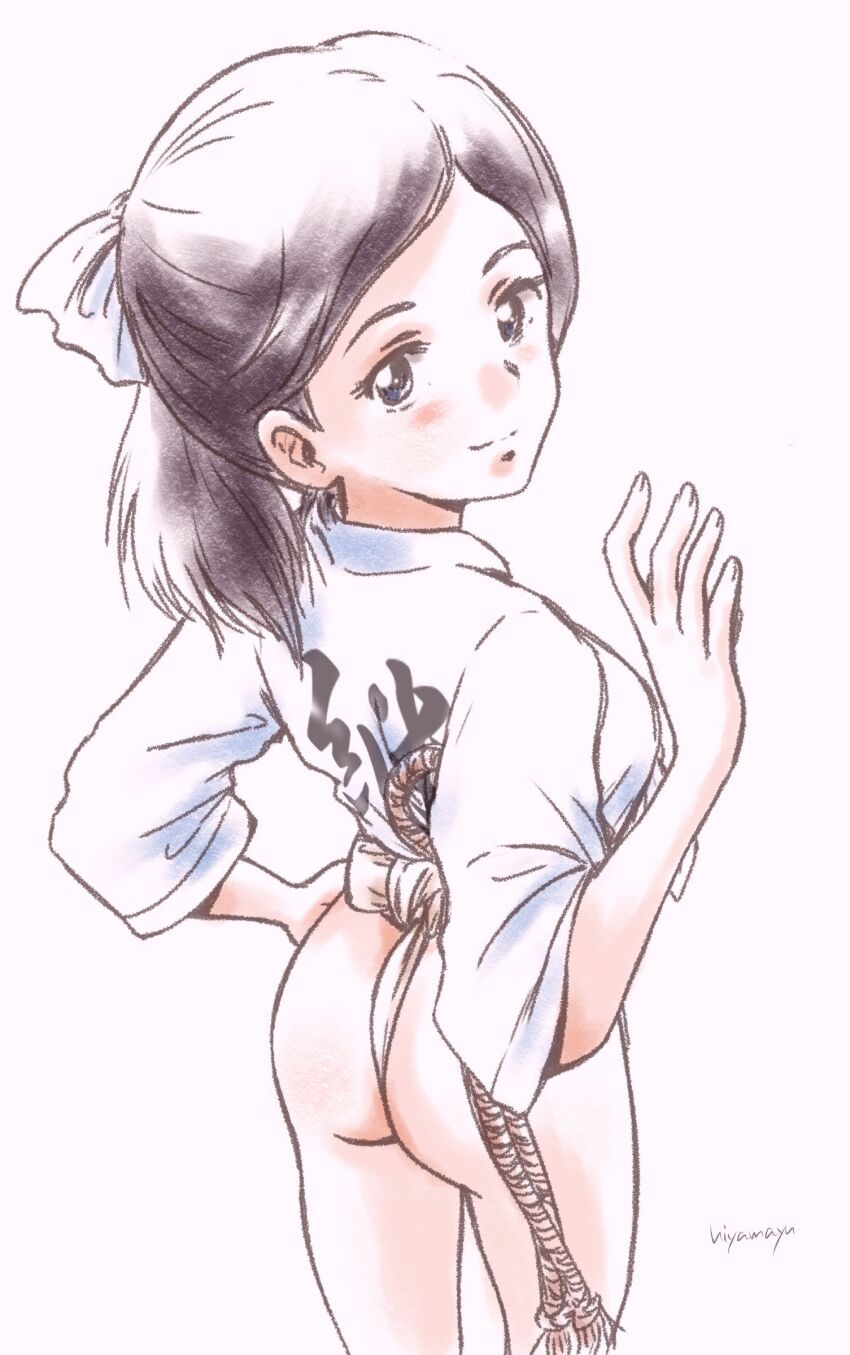 1girl, absurdres, ass, black_hair, blue_eyes, blush, breasts, closed_mouth, fundoshi, girls_und_panzer, hair_ribbon, highres, hiyama_yuu_(wee259hiyama), japanese_clothes, looking_at_viewer, ponytail, ribbon, signature, simple_background, small_breasts, smile, solo, tomi_(girls_und_panzer)