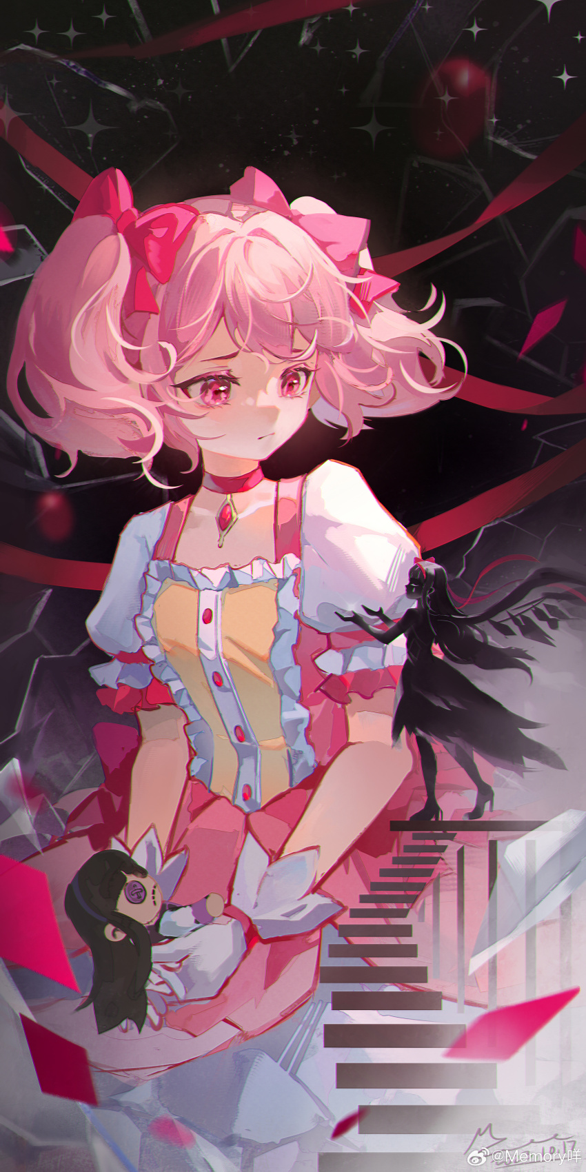 2girls, absurdres, akemi_homura, akuma_homura, black_background, black_dress, black_hair, black_shoes