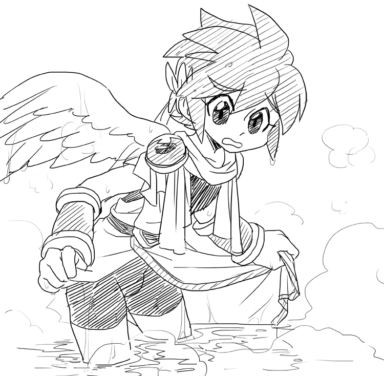 1boy, angel, angel_wings, awkward, bulge, eyelashes, kid_icarus, kid_icarus_uprising, legs, looking_down, male_focus, nintendo, pit_(kid_icarus), shota, sunoko24, super_smash_bros., thighs, toga, water, wet, wet_clothes, wings