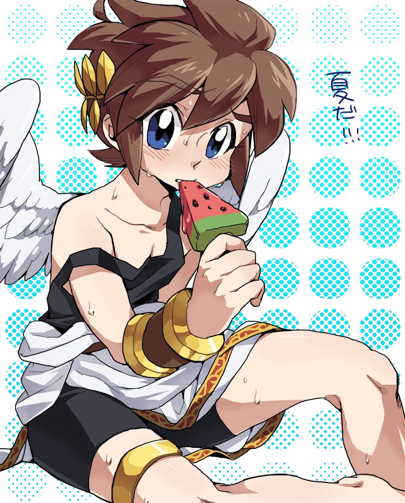 1boy, angel, angel_wings, barefoot, blue_eyes, brown_hair, eating, feet, food, fruit, ice_cream, kid_icarus, kid_icarus_uprising, legs, looking_at_viewer, male_focus, nintendo, pit_(kid_icarus), shirt, shota, sitting, sleeveless, sleeveless_shirt, suno_(imydream), super_smash_bros., swallowing, sweat, sweatdrop, thighs, toga, watermelon, wings