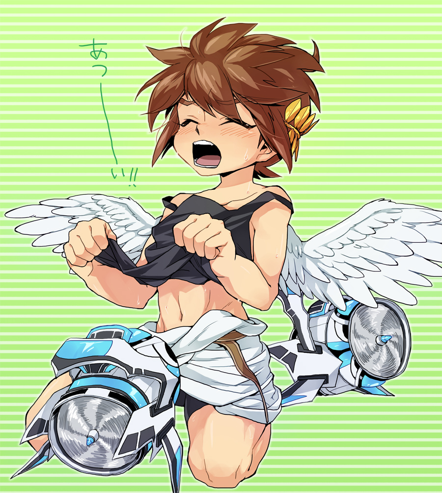 1boy, abs, angel, angel_wings, blush, brown_hair, eyelashes, fan