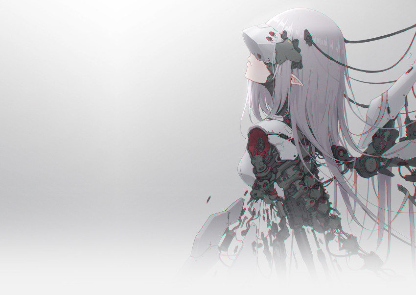 1girl, android, cable, dolls_nest, expressionless, from_side, grey_hair, head-mounted_display, highres, long_hair, mechabare, mechanical_wings, official_art, oota_youjo, parted_lips, pointy_ears, robot_girl, science_fiction, solo, upper_body, wings