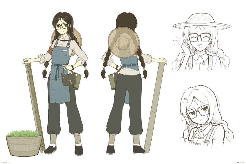 1girl, :d, apron, artist_name, bag, basket, black_footwear, black_pants