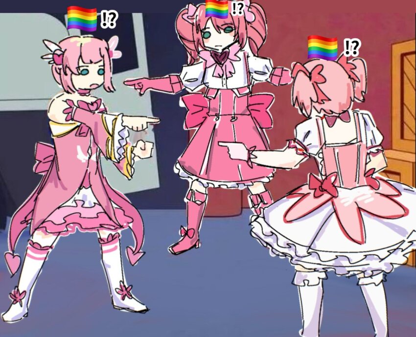 !?, 3girls, chiyoda_momo, color_connection, crossover, dress, green_eyes, hair_color_connection