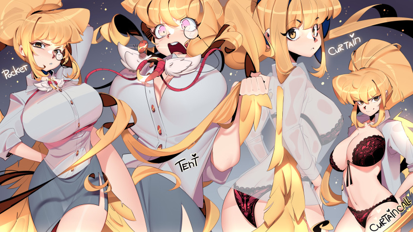 1girl, absurdres, blonde_hair, bra, breasts, bursting_breasts, button_gap, cleavage