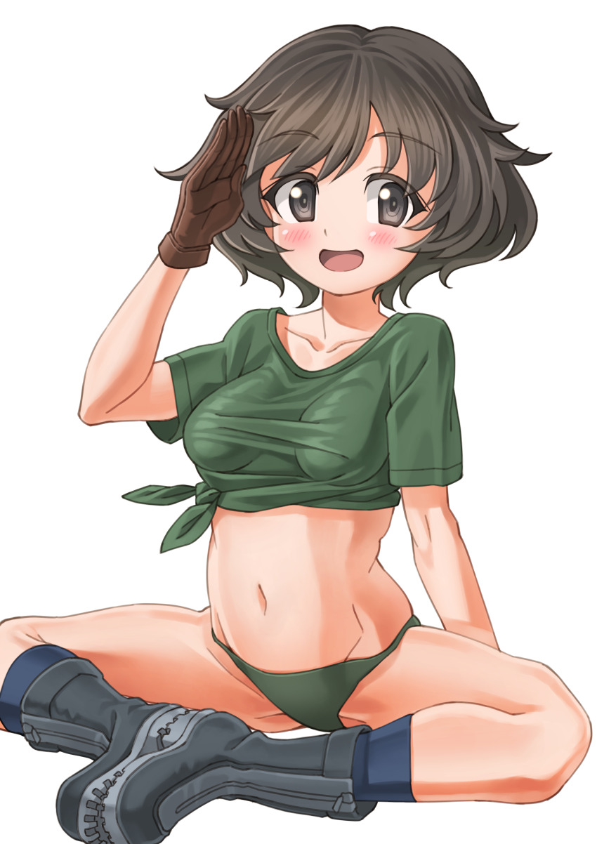 1girl, absurdres, akiyama_yukari, bikini, bikini_under_clothes, black_boots, black_socks, boots