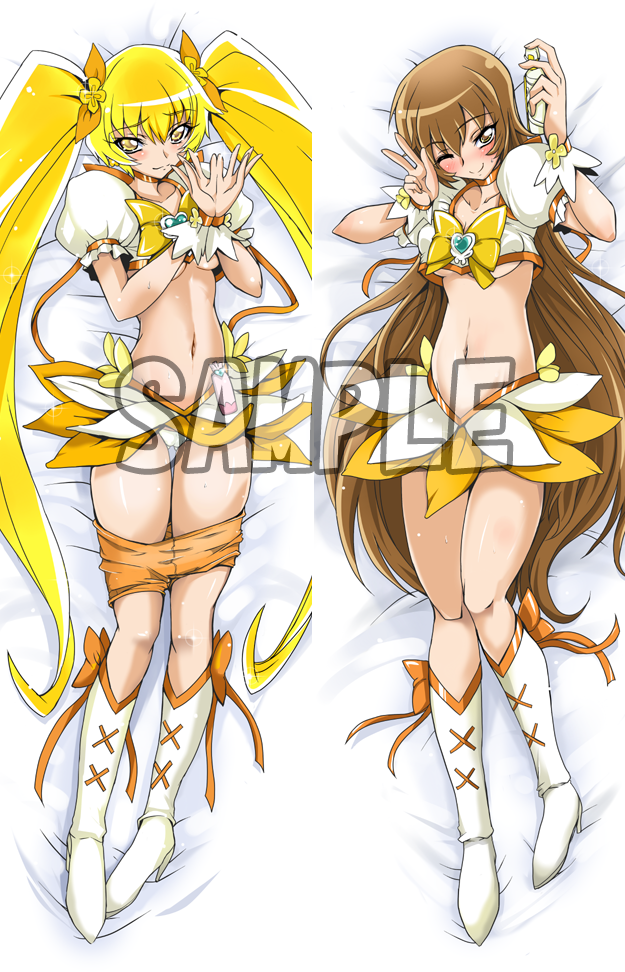 10s, 1girl, aoi_manabu, blonde_hair, blush, boots, bow, breasts, brooch, brown_eyes, brown_hair, cure_sunshine, dakimakura_(medium), dual_persona, flower_hands, hair_ribbon, heart, heart_brooch, heartcatch_precure!, jewelry, knee_boots, long_hair, lying, magical_girl, midriff, multiple_views, myoudouin_itsuki, navel, one_eye_closed, orange_bow, orange_skirt, panties, precure, ribbon, sample_watermark, skirt, small_breasts, smile, twintails, underboob, underwear, very_long_hair, watermark, white_background, wink, wrist_cuffs, yellow_bow, yellow_eyes