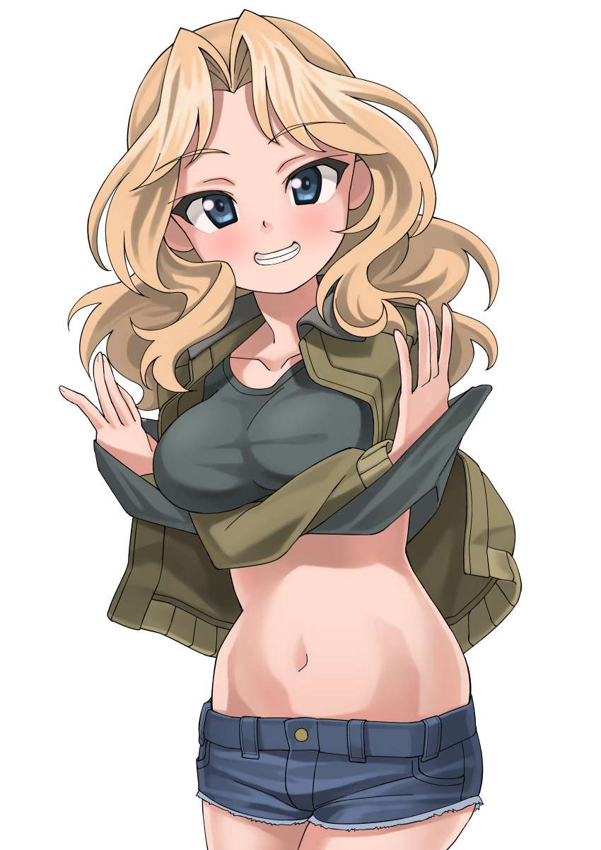 1girl, absurdres, black_shirt, blonde_hair, blue_eyes, blue_shorts, clothes_lift, commentary