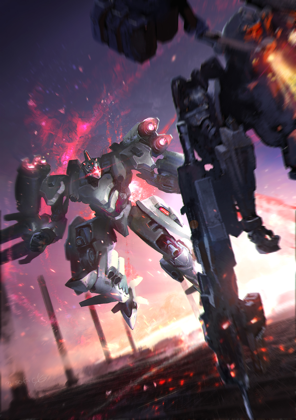 armored_core, armored_core_vi:_fires_of_rubicon, embers, full_body, glowing, glowing_eye, highres, mecha