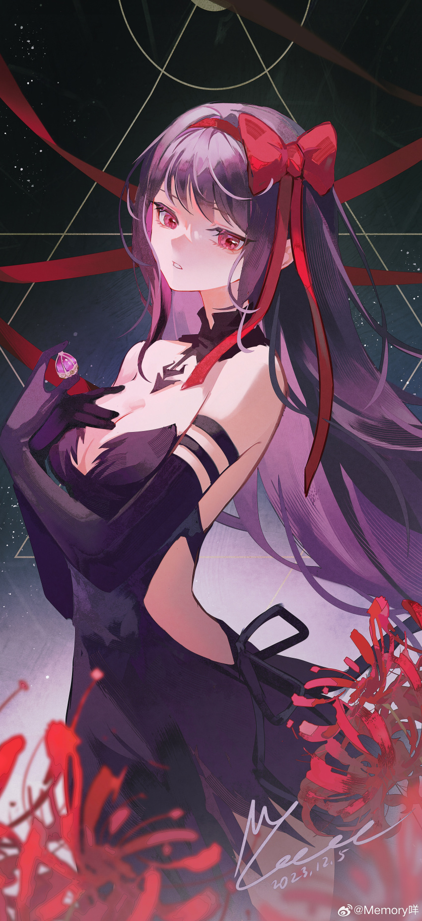 1girl, 2023, absurdres, akemi_homura, alternate_costume, armlet, black_background, black_dress, blurry, blurry_foreground, bow, breasts, chinese_commentary, cleavage, clothing_cutout, cowboy_shot, dated, depth_of_field, dress, flower, gem, gradient_background, hair_bow, highres, jewelry, light_particles, looking_at_viewer, mahou_shoujo_madoka_magica, mahou_shoujo_madoka_magica_(anime), medium_breasts, memory_mie, parted_lips, pink_gem, purple_background, red_bow, red_eyes, red_flower, red_ribbon, ribbon, ring, side_cutout, signature, solo, spider_lily, two-tone_background, watermark, weibo_watermark