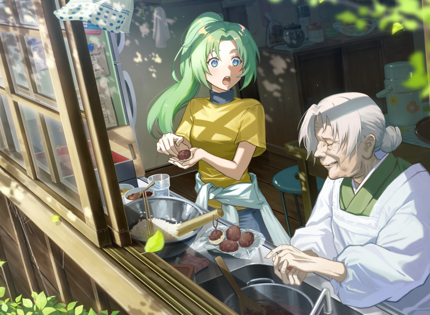2girls, absurdres, breasts, cabinet, chopsticks, closed_eyes, clothes_around_waist, cooking, cooking_pot, dappled_sunlight, day, faucet, food, grandmother_and_granddaughter, green_hair, green_kimono, grey_hair, hair_bun, highres, higurashi_no_naku_koro_ni, holding, holding_food, indoors, japanese_clothes, kimono, kitchen, long_hair, long_sleeves, looking_at_another, mixing_bowl, multiple_girls, nshi, ohagi_(food), old, old_woman, open_mouth, parted_bangs, plant, ponytail, refrigerator, shadow, shirt, short_sleeves, sidelocks, sink, slice_of_life, smile, sonozaki_mion, sonozaki_oryou, sunlight, surprised, table, tree, wagashi, window, wooden_floor, wrinkled_skin, yellow_shirt