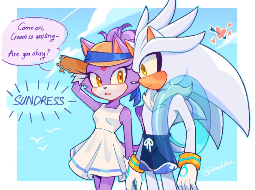 1boy, 1girl, animal_ears, animal_nose, arm_up, arrow_through_heart, artist_name, bare_shoulders