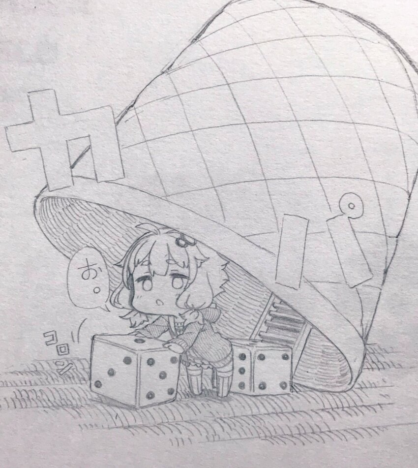 :o, ahoge, blush, cheating_(competitive), chibi, cho-han, commentary_request, cup, dice, graphite_(medium), greyscale, hair_ornament, highres, hood, hood_down, hoodie, ladder, leaning_forward, long_sleeves, looking_at_viewer, mini_person, minigirl, monochrome, open_clothes, open_hoodie, short_hair, sidelocks, speech_bubble, thighhighs, toriniku29, traditional_media, translation_request, vocaloid, voiceroid, yuzuki_yukari