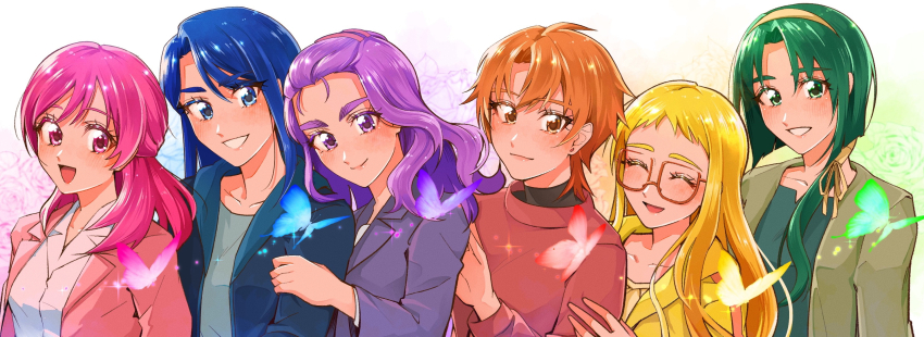 6+girls, akimoto_komachi, blazer, blonde_hair, blue_dress, blue_eyes, blue_hair, blue_jacket