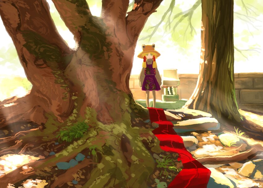 1girl, absurdres, animal_print, blonde_hair, brown_hat, day, expressionless, frog_print, green_eyes, grey_shirt, hat, highres, long_hair, long_sleeves, looking_at_viewer, moriya_suwako, moss, outdoors, purple_skirt, purple_vest, red_carpet, ritsuzou, rock, shide, shirt, sidelocks, skirt, sleeves_past_fingers, sleeves_past_wrists, solo, standing, stone_lantern, stone_wall, sunlight, touhou, tree, vest, wall