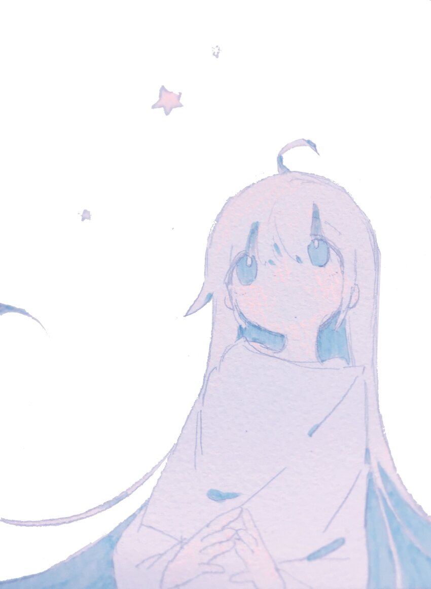 1girl, absurdres, ahoge, furrowed_brow, hair_between_eyes, highres, long_hair, looking_afar, looking_up, no_mouth, no_nose, original, own_hands_together, rururoru, shirt, simple_background, single_off_shoulder, solo, star_(symbol), steepled_fingers, upper_body, very_long_hair, white_background, white_hair, white_shirt