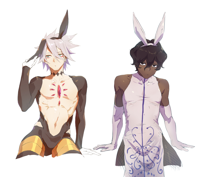 2boys, absurdres, animal_ears, arjuna_(fate), arjuna_(third_ascension)_(fate), arm_support, bishounen, black_choker