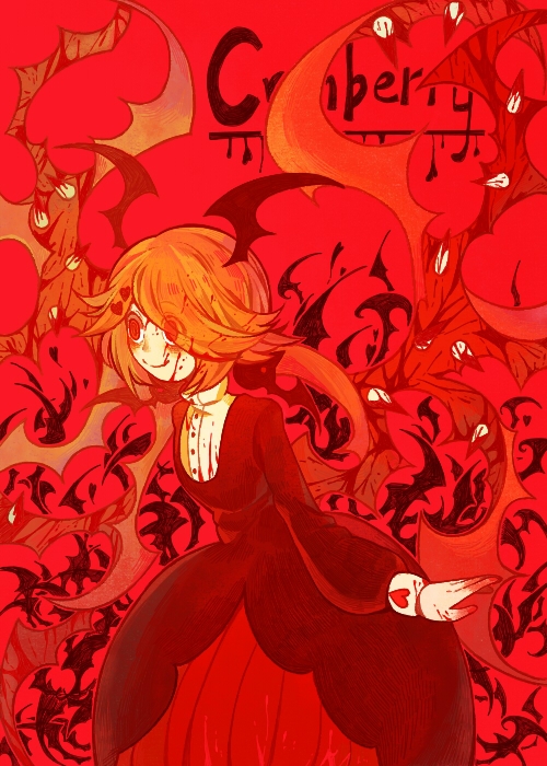 1girl, black_dress, blood, blood_on_face, cranber_(funamusea), demon, demon_girl, dress, funamusea, haiiro_teien, hair_spread_out, long_hair, looking_to_the_side, pink_hair, red_eyes, red_theme, solo, very_long_hair, zdhzh179