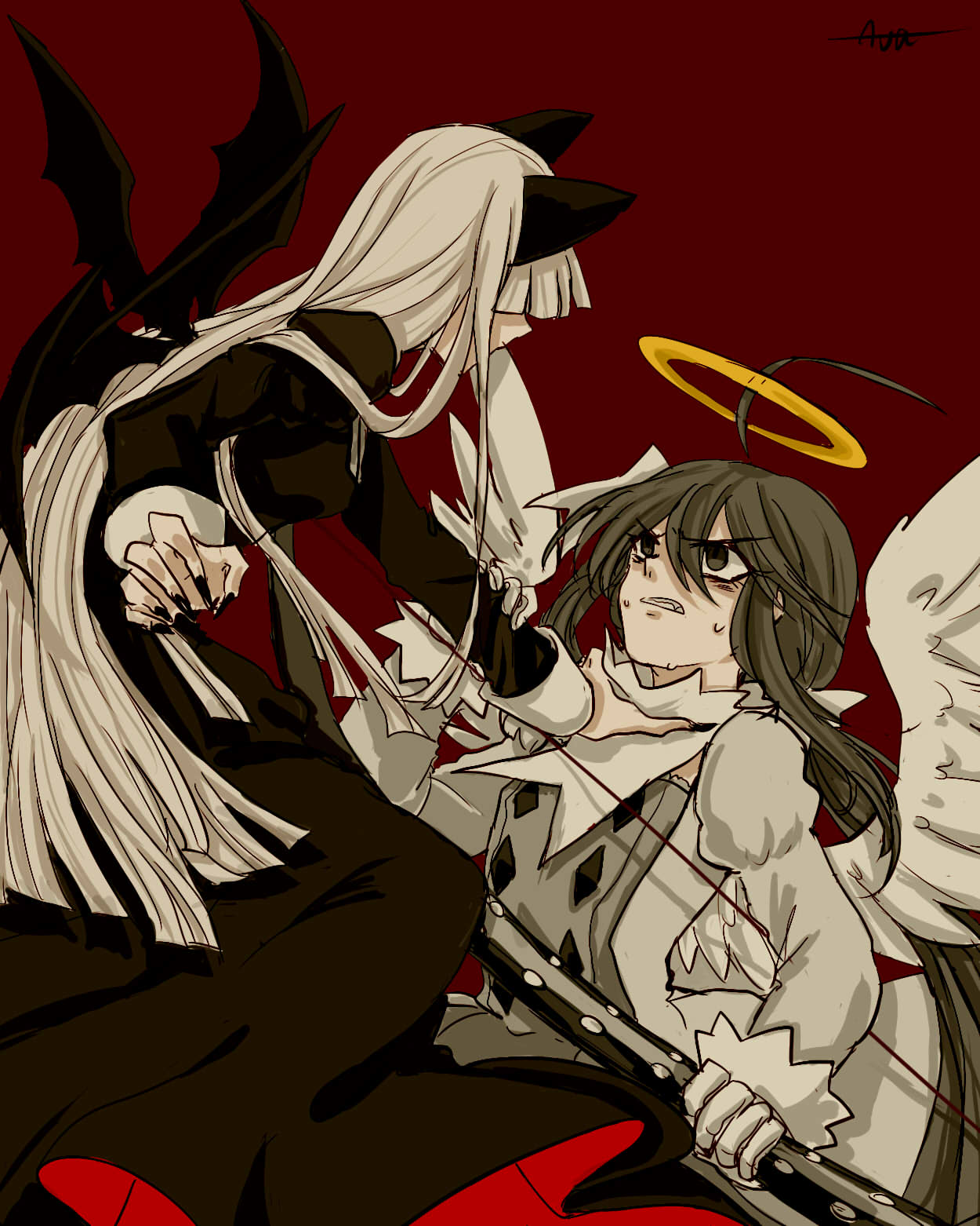 2girls, alela_grora_(funamusea), angel, ater_(funamusea), ava_(vagodieter), black_dress, demon, demon_girl