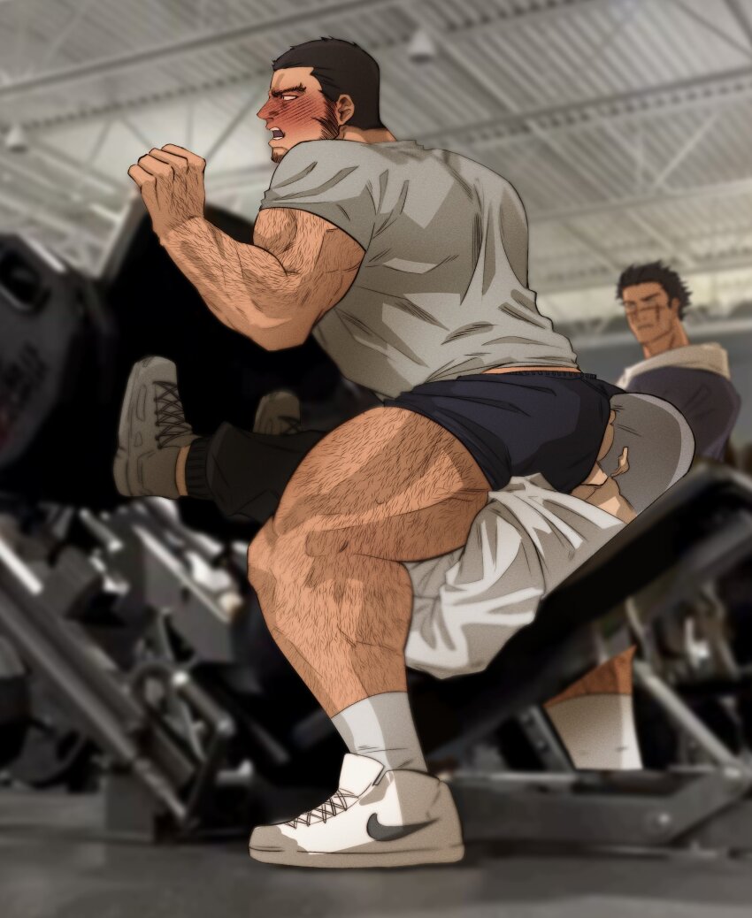 3boys, absurdres, ass, ass-to-mouth, bara, beard, biceps, black_hair, blurry, blurry_background, blush, facial_hair, fitness_gym, golden_kamuy, gym_shorts, hairy, highres, leg_press_machine, loboke, male_focus, manly, mature_male, meme, multiple_boys, muscular, muscular_arms, muscular_legs, muscular_male, open_mouth, real_world_location, scar, shiraishi_yoshitake, shirt, shoes, short_hair, shorts, sneakers, socks, squatting, sugimoto_saichi, tanigaki_genjirou, teeth, thick_eyebrows, thighs, tight_clothes, yaoi