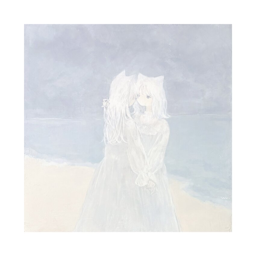 2girls, animal_ears, beach, black_eyes, border, cat_ears, dress, grey_dress