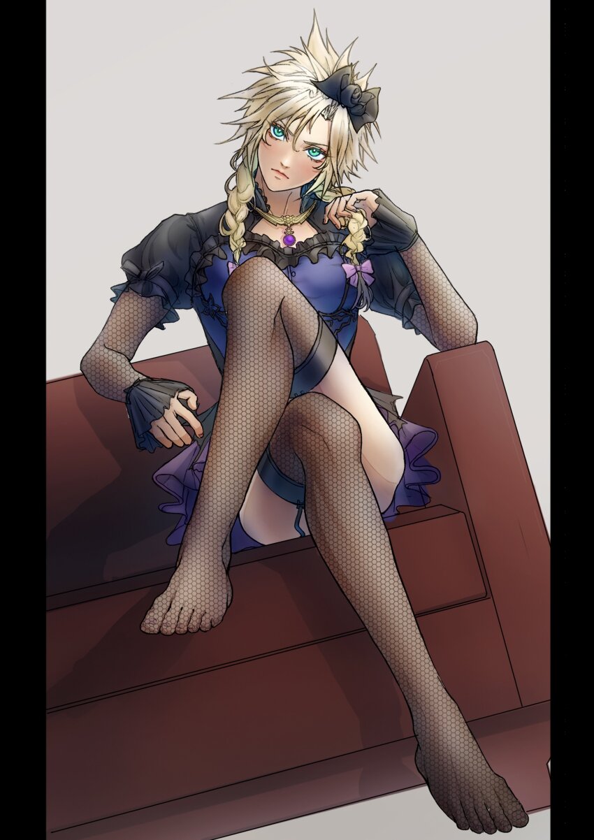 1boy, absurdres, blonde_hair, blue_eyes, bow, braid, cloud_strife, cloud_strife_(blue_dress), couch, crossdressing, crossdressing_(mtf), crossed_legs, dress, final_fantasy, final_fantasy_vii, final_fantasy_vii_remake, fishnet_thighhighs, fishnets, frilled_sleeves, frills, garter_straps, hair_bow, head_tilt, highres, jewelry, messa_mo, necklace, official_alternate_costume, official_alternate_hairstyle, purple_dress, solo, spiked_hair, thighhighs, trap, twin_braids, two-tone_dress