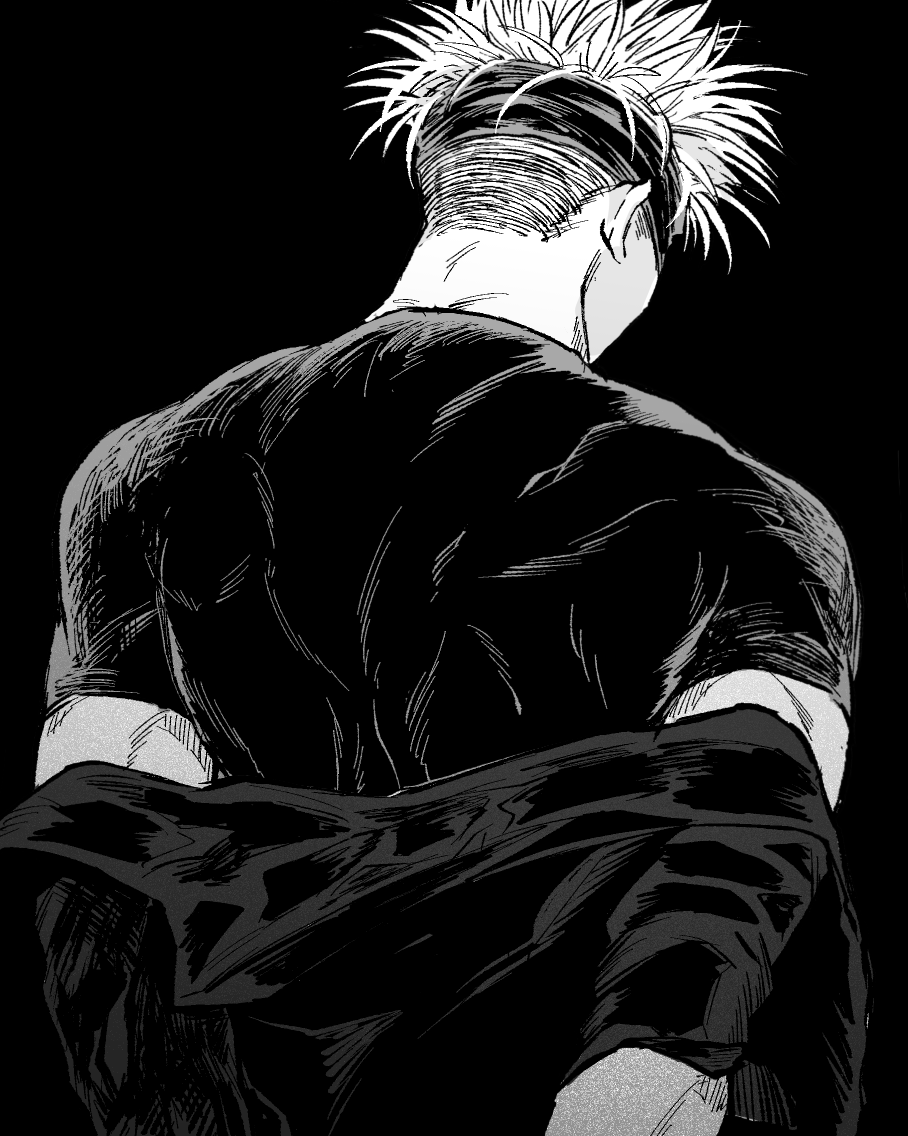 1boy, back, from_behind, gojo_satoru, greyscale, jujutsu_kaisen, male_focus, monochrome, muscular, muscular_male, nay_bb, shirt, short_hair, spiked_hair, undercut, upper_body