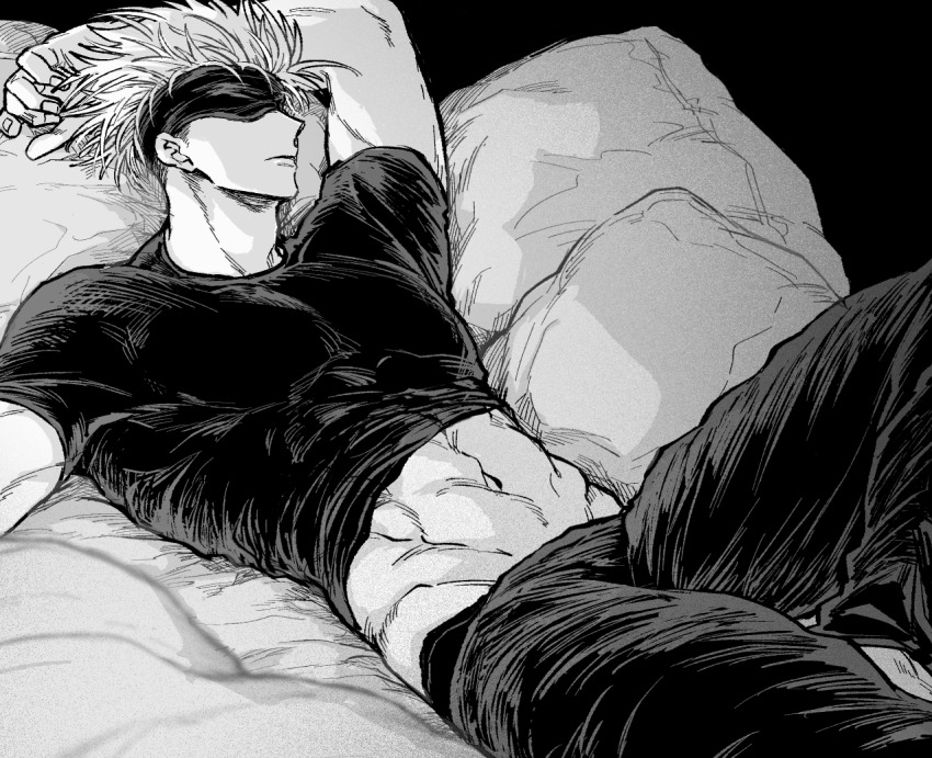 1boy, abs, arm_up, bed, blindfold, feet_out_of_frame, gojo_satoru, groin, jujutsu_kaisen, lips, lying, male_focus, muscular, muscular_male, navel, nay_bb, on_back, pants, pillow, shirt, short_hair, short_sleeves, skin_tight, solo