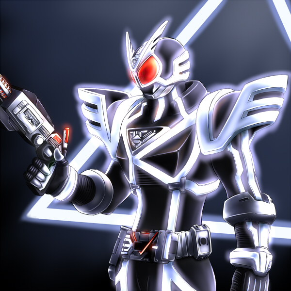 1boy, algorithm9000, belt, glowing, gun, irisu_haniwa, kamen_rider, kamen_rider_555, kamen_rider_delta, male_focus, neon_trim, solo, weapon