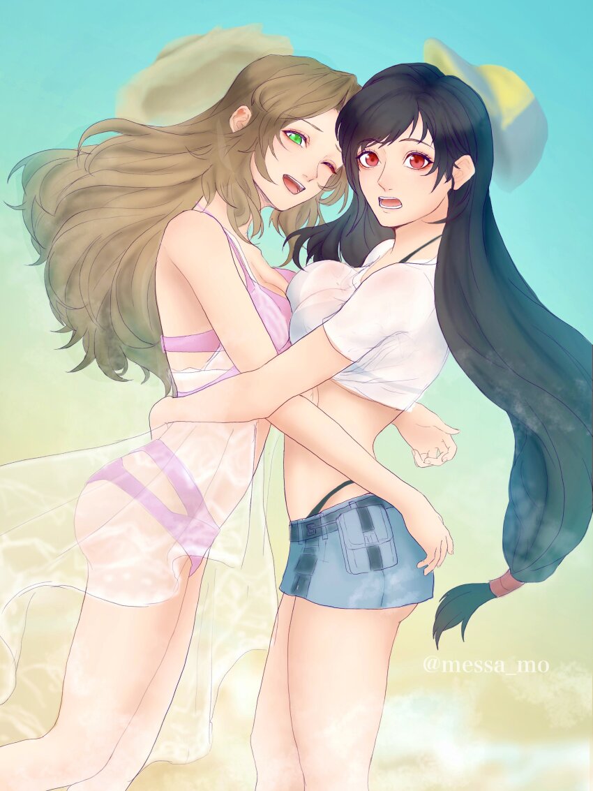 2girls, absurdres, aerith_gainsborough, aerith_gainsborough_(sunny_robe), arms_around_another's_back, ass, bare_shoulders, beach, bikini, bikini_under_clothes, black_bikini, black_hair, breasts, breasts_squeezed_together, brown_hair, cardigan, cleavage, costa_del_sol, cowboy_shot, crop_top, final_fantasy, final_fantasy_vii, final_fantasy_vii:_ever_crisis, final_fantasy_vii_remake, green_eyes, grey_skirt, hair_tie, hat, highres, hug, large_breasts, long_hair, looking_at_viewer, low-tied_long_hair, medium_breasts, messa_mo, microskirt, midriff, multiple_girls, official_alternate_costume, one_eye_closed, open_mouth, parted_bangs, pink_bikini, red_eyes, shirt, short_sleeves, sidelocks, skirt, smile, swimsuit, thighs, tifa_lockhart, tifa_lockhart_(lifeguard), twitter_username, unworn_hat, unworn_headwear, wavy_hair, wet, wet_clothes, wet_shirt, white_cardigan, white_shirt, yuri