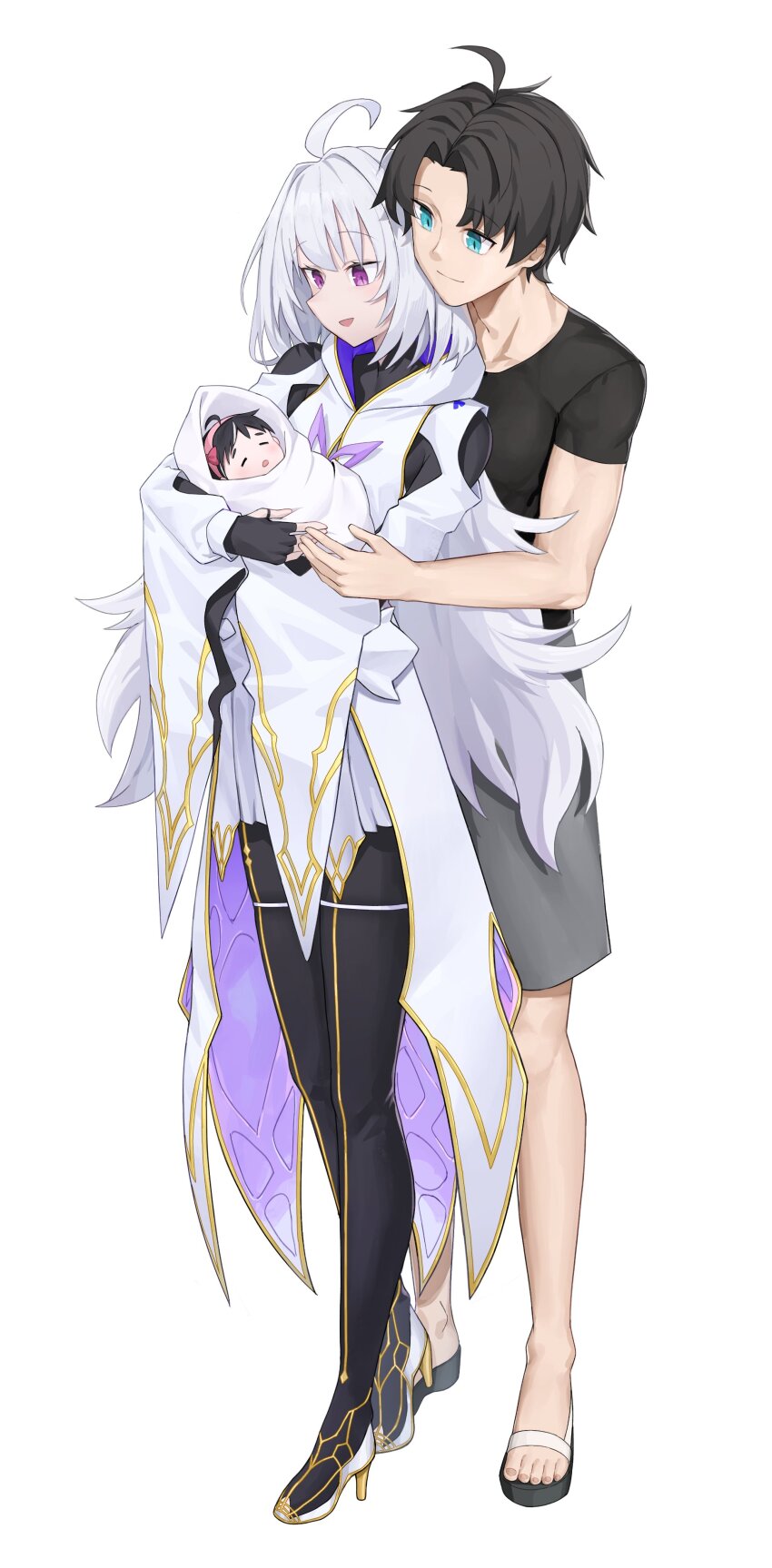 1boy, 2girls, absurdres, ahoge, black_hair, black_leggings, black_shirt, blue_eyes, collarbone, dress, faldeus, family, fate/grand_order, fate_(series), father_and_child, father_and_daughter, fingerless_gloves, fujimaru_myriam_(altermagna), fujimaru_ritsuka_(male), gloves, hetero, high_heels, highres, if_they_mated, leggings, merlin_(fate/prototype), mother_and_child, mother_and_daughter, multicolored_hair, multiple_girls, open_mouth, parent_and_child, purple_eyes, sandals, shirt, shorts, white_dress, white_hair